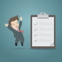 Businessman happy smile and jumping beside clipboard and checklist.Vector illustration cute cartoon for business concept.