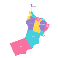 Oman political map of administrative divisions - governorates. Colorful vector map with labels.