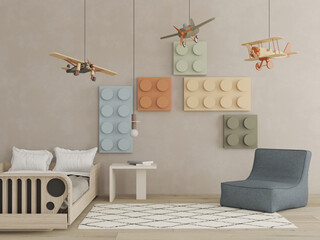 Children bedroom interior with armchair , blocks and helicopters , 3d rendering