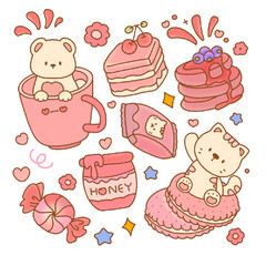 Cat bears and sweets in peach tones.