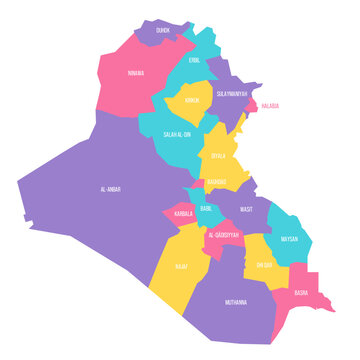 Iraq political map of administrative divisions - governorates and Kurdistan Region. Colorful vector map with labels.