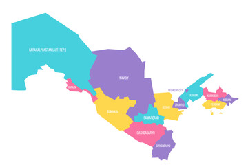 Uzbekistan political map of administrative divisions - regions, autonomous republic of Karakalpakstan and independent city of Tashkent. Colorful vector map with labels. - obrazy, fototapety, plakaty