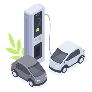 Isometric electric cars charging. Charging station, eco friendly electric cars, EV home charger station isolated 3d vector illustration on white background