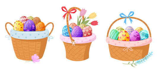 Painted Easter eggs baskets. Cartoon spring holiday easter eggs in wicker baskets flat vector illustration set on white background