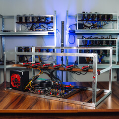 Computer PC crypto currency mining rig motherboard gpu ram memory data build graphics card cable equipment technology hardware software 