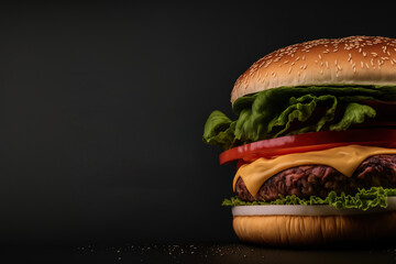 On a black background, a close up of a hamburger with beef, tomato, lettuce, and cheese. Fast food with a text area on a dark background. Generative AI - obrazy, fototapety, plakaty