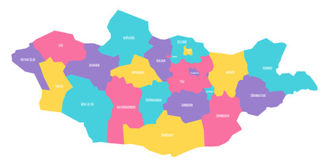 Mongolia political map of administrative divisions - provinces and khot Ulaanbaatar. Colorful vector map with labels.