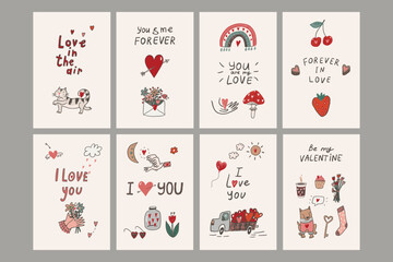 Valentine's day love doodle objects vector illustrations postcards set.