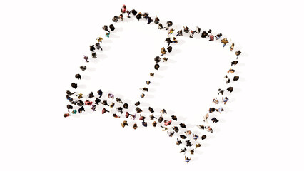 Concept or conceptual large community  of people forming the image of an open book on white background.  A 3d illustration metaphor for learning, education, research,  science, literature and culture