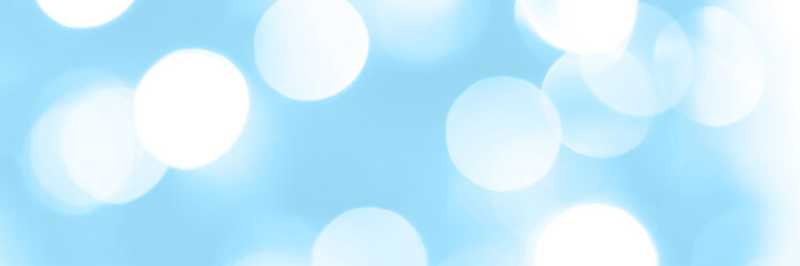 Blurred lights blue background, banner texture. Abstract bokeh with soft light header. Wide screen wallpaper. Panoramic web banner with copy space for design