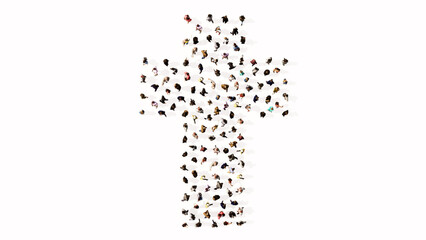 Concept or conceptual large community of people forming the image of a religious christian cross. A 3d illustration metaphor for God, Christ, religion, spirituality, prayer, Jesus or belief