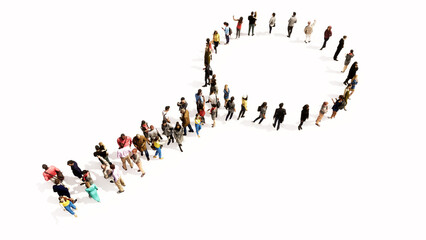 Concept or conceptual gathering of people forming an image of a magnifying glass on white background. A 3d illustration metaphor for science, research, fun, games and  exploration.