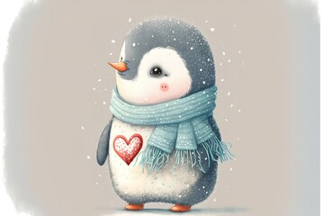 A cute, little, baby penguin in warm winter clothes, symbol of love. Generative AI