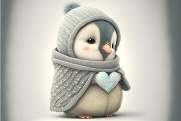A cute, little, baby penguin in warm winter clothes, symbol of love. Generative AI - obrazy, fototapety, plakaty