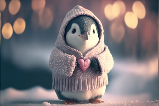 A cute, little, baby penguin in warm winter clothes, symbol of love. Generative AI
