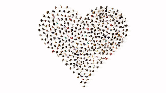 Concept or conceptual large gathering of people forming the image of a  heart on white background. A 3d illustration metaphor for love, romance, valentine's day, happiness, wedding, health or care