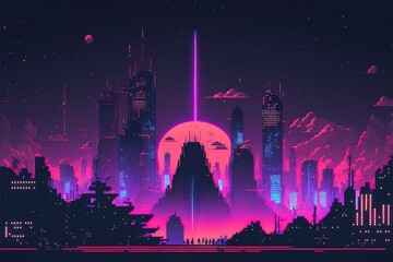 Neon pixel city night. Futuristic dark night neon cityscape with skyscrapers and night lights. AI
