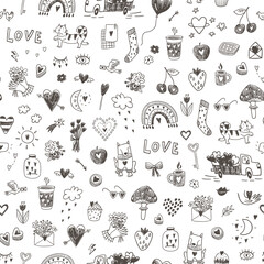 Valentine's day love doodle line objects vector seamless pattern.