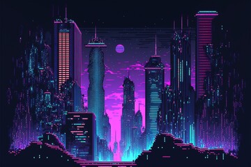 Neon pixel city night. Futuristic dark night neon cityscape with skyscrapers and night lights. AI