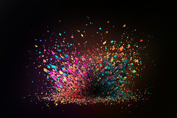 Explosion of multi-colored confetti on a black background, neon light. AI