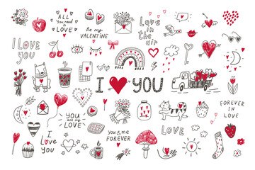 Valentine's day love doodle objects line vector illustrations set.