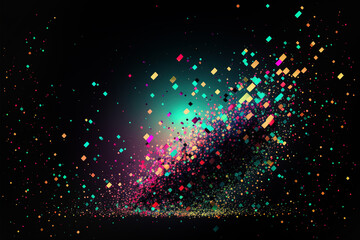 Explosion of multi-colored confetti on a black background, neon light. AI