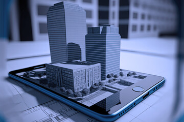 3D three dimensional ar vr augmented virtual reality app mobile cell smartphone phone screen display technology  architecture holography building map visualization rendering architect, generative ai