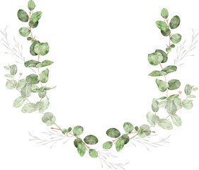 Watercolor eucalyptus wreath, wedding invitation clipart, greenery, foliage, vintage frame
