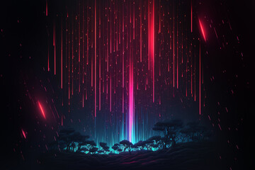 Meteoritic neon rain, colorful neon rain on a black background. AI