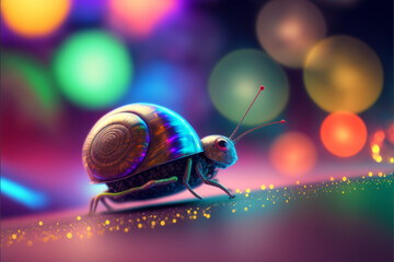 A cricket mixed with a snail, with a blurred colorful abstract background,  Generative Ai