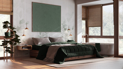 Contemporary wooden bedroom with bathtub in white and green tones. Double bed, freestanding bathtub, parquet and wallpaper. Japandi interior design