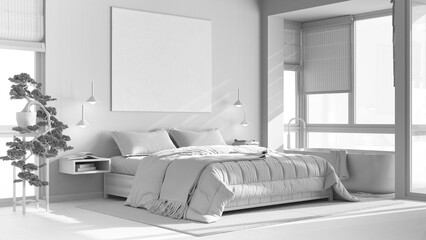 Total white project draft, contemporary wooden bedroom with bathtub. Double bed, freestanding bathtub, parquet and wallpaper. Japandi interior design