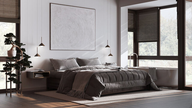 Contemporary wooden bedroom with bathtub in white and dark tones. Double bed, freestanding bathtub, parquet and wallpaper. Japandi interior design