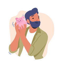 Male Character Shaking Piggy Bank with Money Inside. Savings, Stash, Poverty or Investment Concept with Mature Man