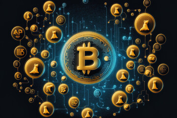 Bitcoin BTC with BNB on the Binance trading app, together with Ethereum, Dogecoin, Cardano, Litecoin, and other digital coins that are part of the fintech banking market. Generative AI