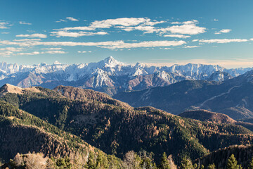 view from starhand peak  to the southeast on a beautiful day in the fall, with the Julian alps in the backdrop