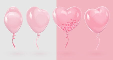 Fototapeta na wymiar Set of four clear glossy pink realistic heart balloons, from different sides and pink, white ribbons, confetti. Vector illustration for card, party, design, flyer, poster, banner, web, advertising. 