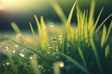 Close up of grass and morning dew. Natural sunlight exposition. Generated by AI.