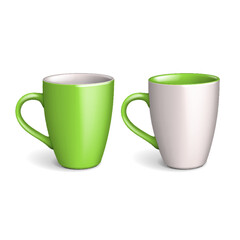 Mockup Set Blank Cup. Colored Mug, White, Green. Isolated On White Background. Mock Up Template For Branding. Photorealistic Illustration. Ready For Your Design. Vector.