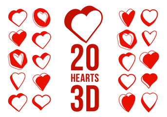 3D dimensional hearts vector icons or logos set, gift boxes on Valentine day, heart shaped buttons, graphic design elements collection.