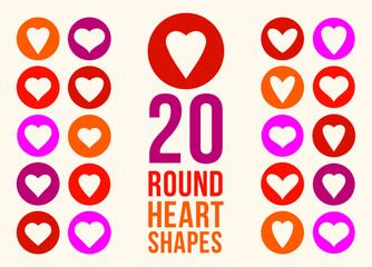 Hearts in circles icons or logos vector set, graphic design elements, different cartoon cute hearts collection.