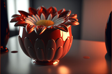 a red, small flower in a vase on a white table, Generative Ai