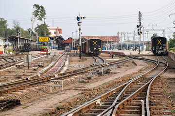Fototapeta na wymiar View of Toy train Railway Tracks from the middle during daytime near Kalka railway station in India, Toy train track view, Indian Railway junction, Heavy industry