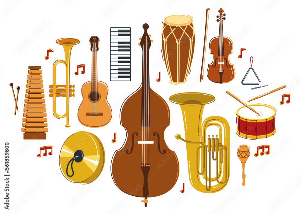 Canvas Prints Classical music instruments composition vector flat style illustration isolated on white, classic orchestra acoustic sound, concert or festival live sound.