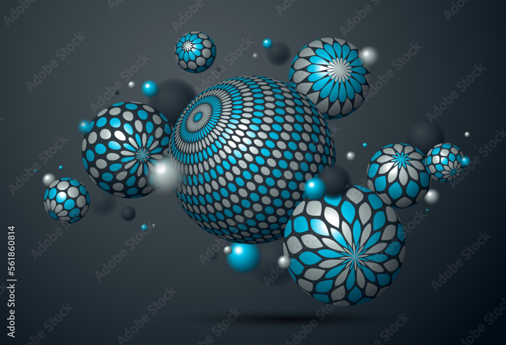 Poster abstract spheres vector background, composition of flying balls decorated with patterns, 3d mixed va