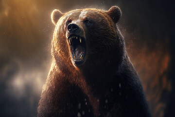 Angry roaring grizzly bear closeup. AI - obrazy, fototapety, plakaty