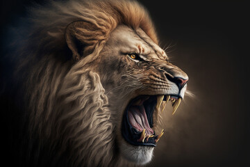 Angry roaring lion closeup. AI - obrazy, fototapety, plakaty