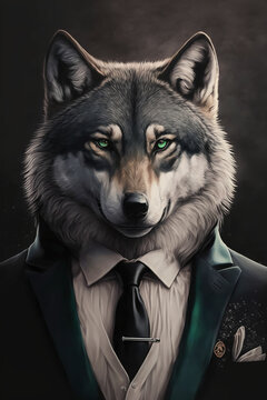Portrait of a wolf in a tuxedo. AI