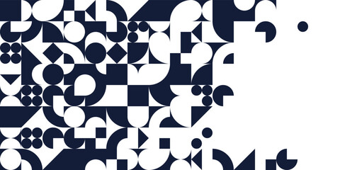 Geometric design vector, black and white modular constructor design background with copy space, ad template in retro 70s style, art pattern square and circle shapes.