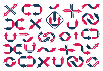 Stylish arrow logos and icons symbols vector big collection, red and black double color graphic design elements collection, cursors and direction signs, loop refresh and joint arrows.